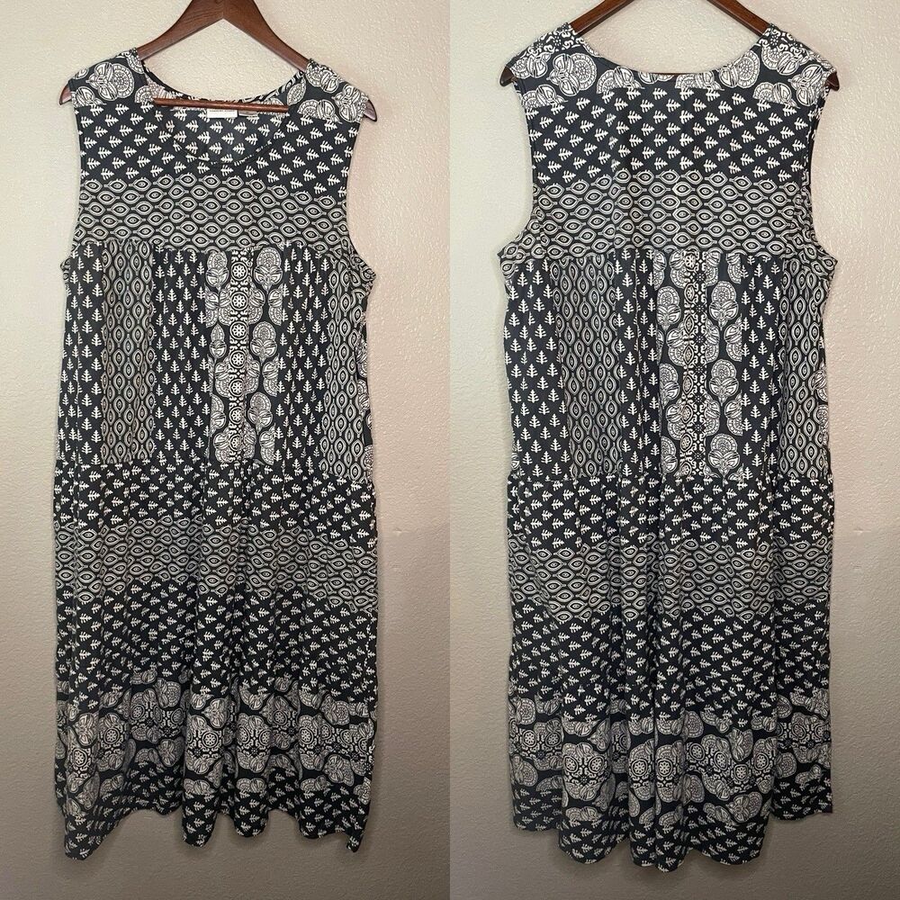 The Vermont Country Store Floral Tiered Midi Dress 1X Sleeveless Modest Pockets